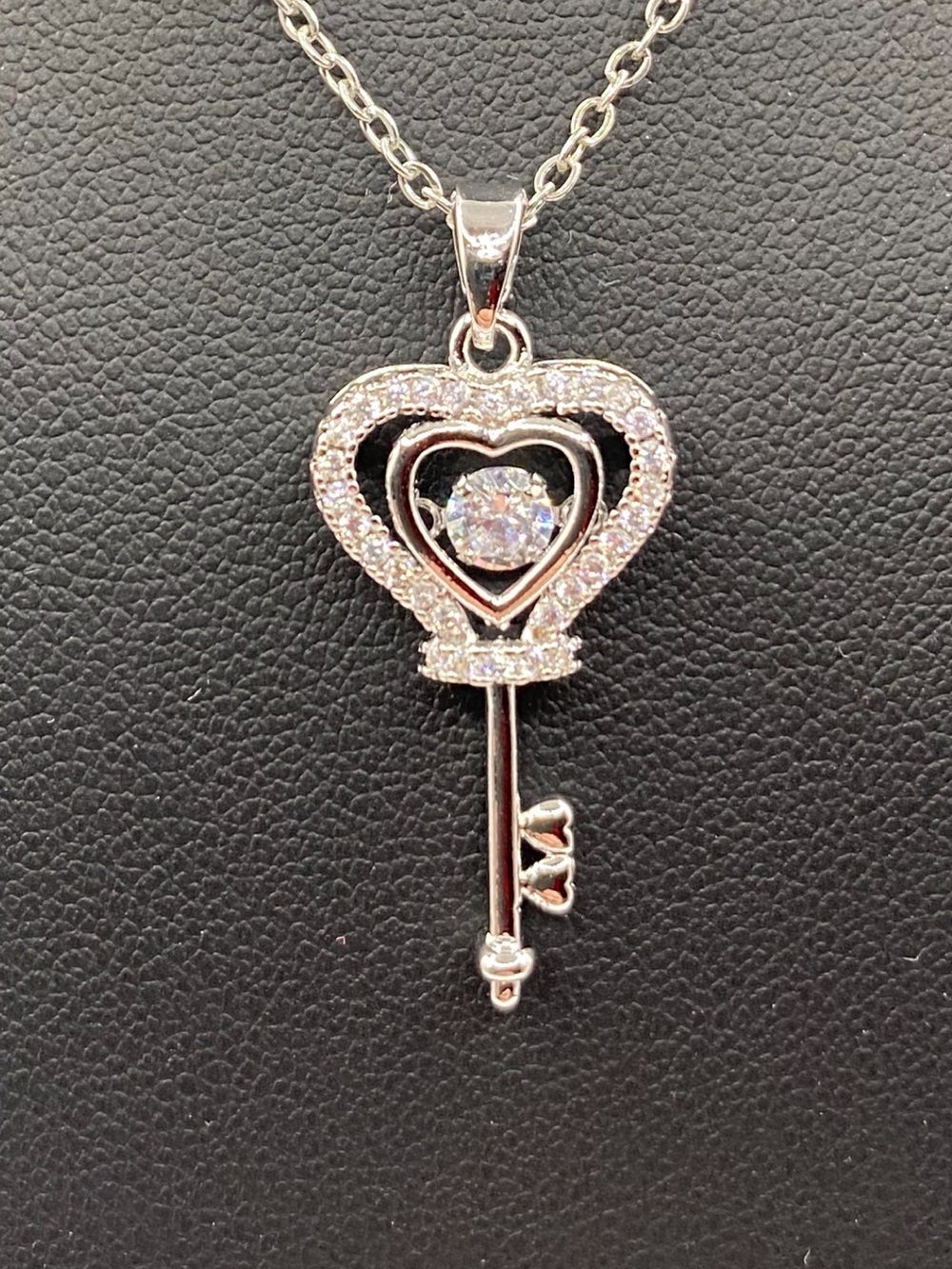 Silver Heart Key Pendant Necklace with Clear Crystal
